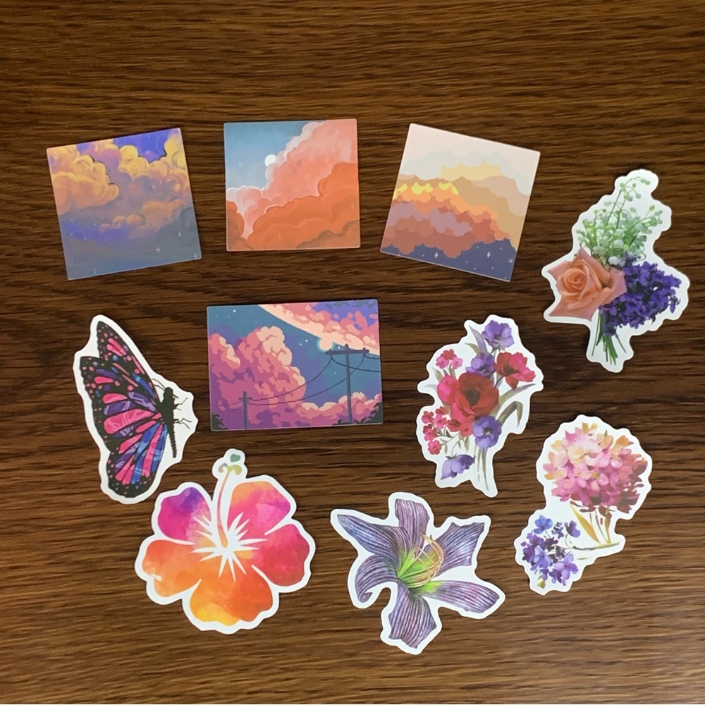 NEW Stickers, Vibrant Sunset, Sky, Clouds, Pink/Purple, Flowers, Butterfly, Art